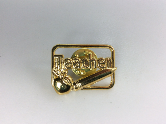 Vintage Pin Brooch Gold Toned Rectangle With Teacher Apple & Pencil Used