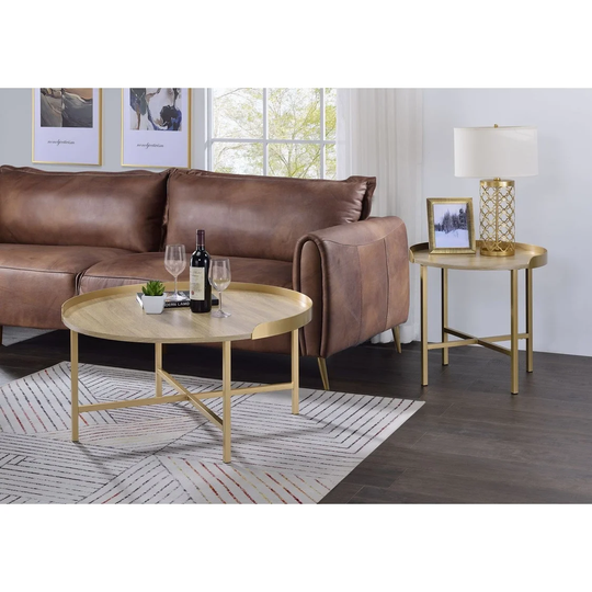Contemporary End Table with Tray Style Table Top, 22"Dia Round Coffee Table with Oak Table Top and Cross Bar Metal Base