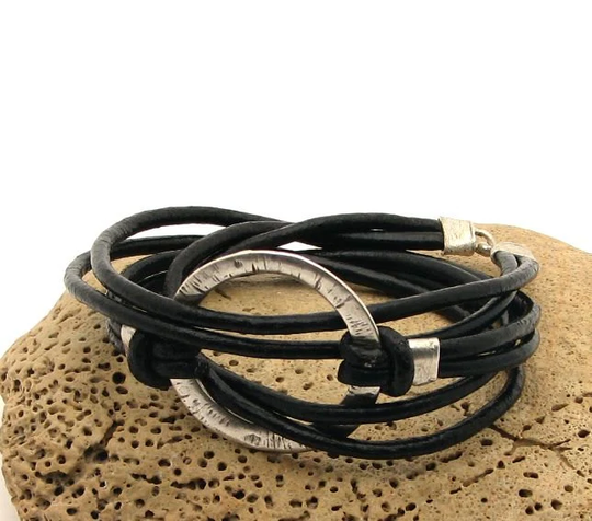 Women's Leather Bracelet. Gift For Girlfriend, Black Multi Strap Wrap Bracelet With Silver Plated Pattern & Clasp