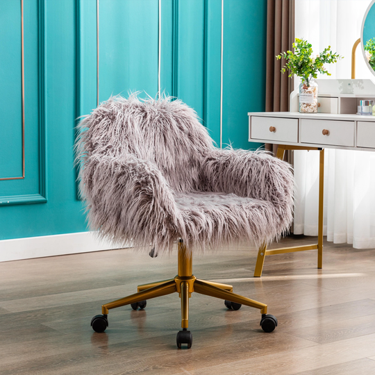 EYIW Modern Faux Fur Home Office Chair, Makeup Vanity Chair, Swivel Desk Chair Height Adjustable Dressing Chair for Bedroom