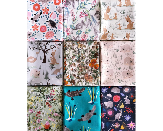 Bundle Of Australian Animals & Native Floras Quilting Cotton Fabric By Fat Quarter Or Half Yard, Koala Wallaby Possum Wombat Platypus Bilby