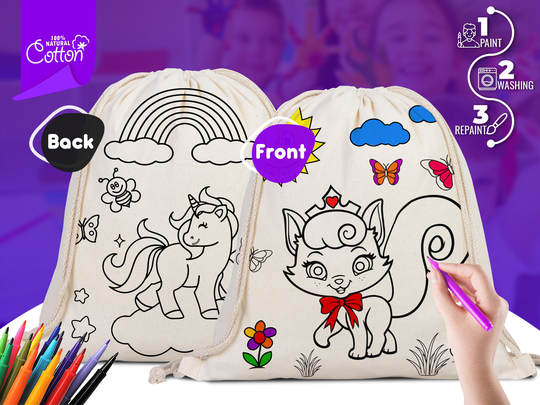 Coloring Unicorn & Cat, Kids Bag, Art Set, Cotton Drawstring Bags For & Schools, Art, Bulk Order Available
