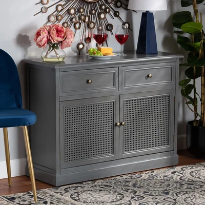 Bay Isle Home™ Studio Sheldon Modern And Contemporary Vintage Grey Finished Wood And Synthetic Rattan 2-Door Dining Room Sideboard Buffet