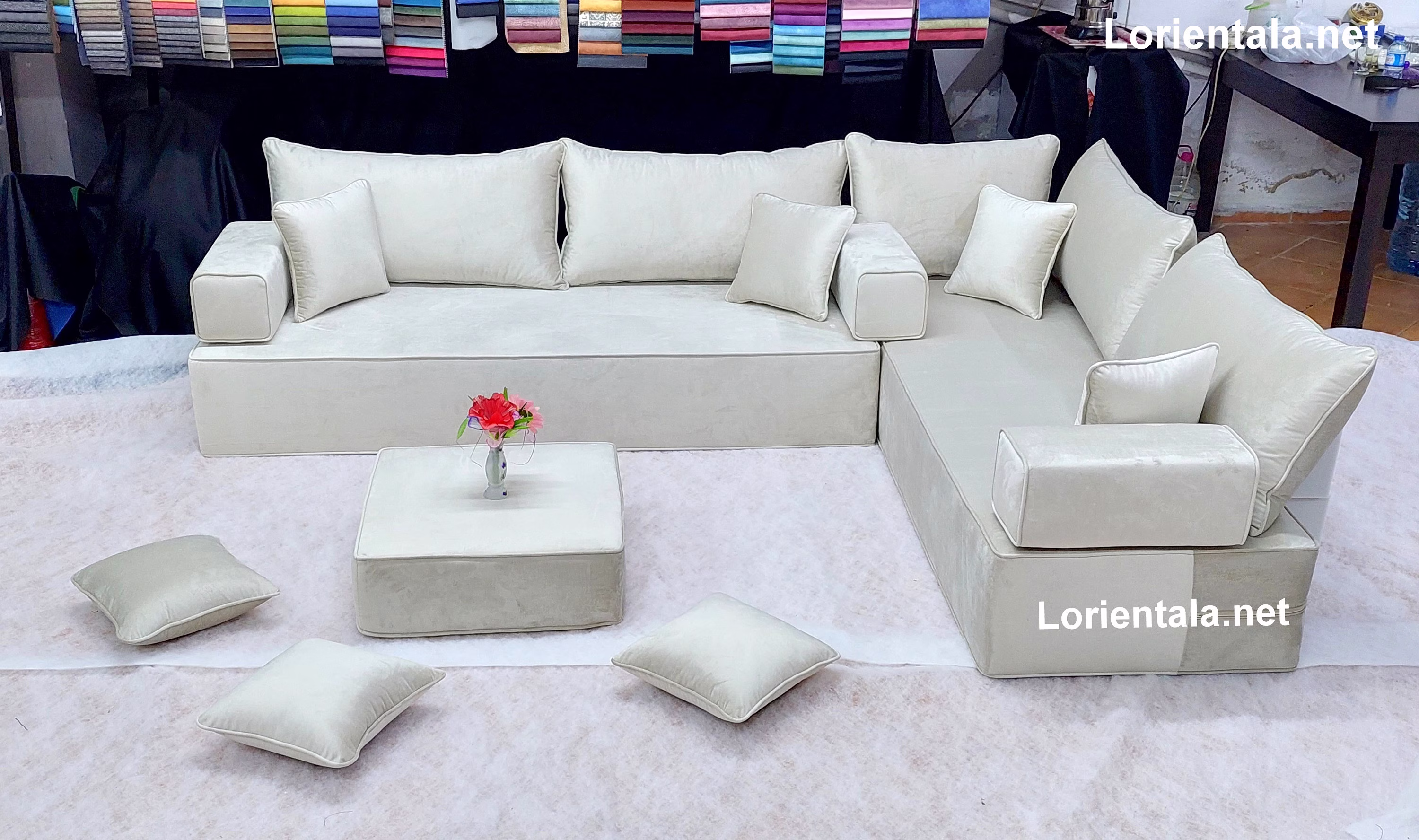 12'' Thickness L Shaped Velvet Beige Floor Seating Sofa Ottoman Cushion Set Arabic Living Room Oriental Moroccan Home Decor Sectional Couch