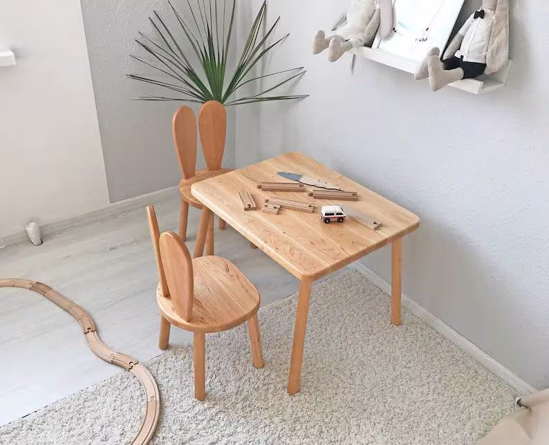 Wooden Table, Bunny Chair, Rabbit Kids Table & Chair Set, For Kids, Montessori Activity