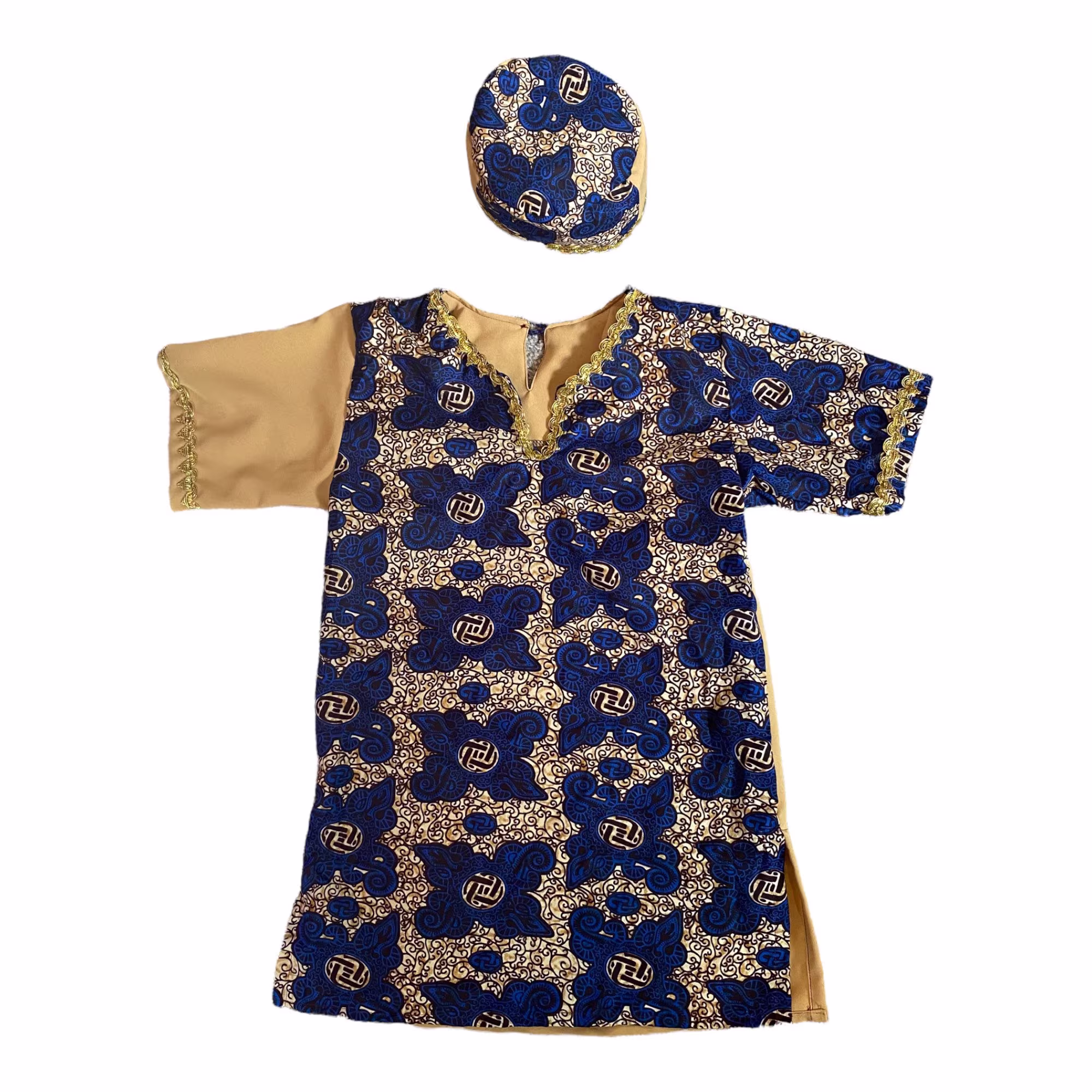 African Print Blouse Stylish - Child Size 8 With Headband Complete Set Blue