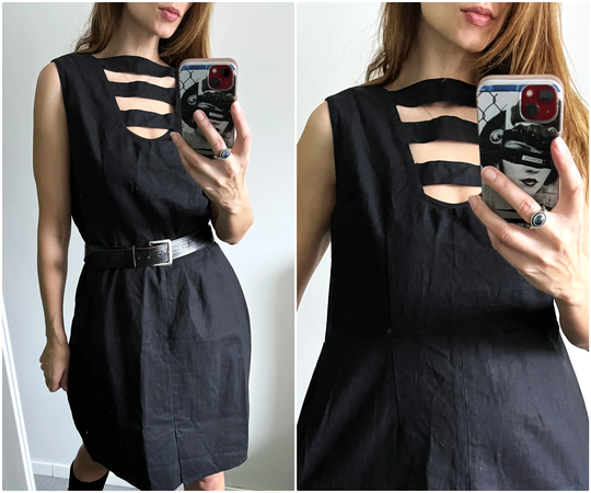 Linen Pencil Mini Dress With Strappy Neck/Minimalistic Solid Little Black Sleeveless Goth - Large