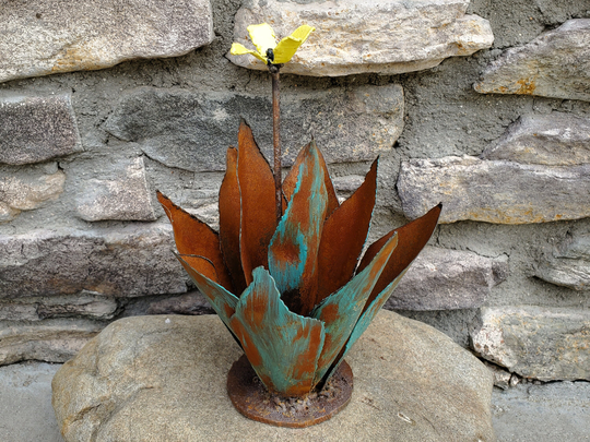 Metal Agave Mini With Yellow Flower/Handmade Gift Souvenir Tiny Agave Cactus Southwest Desert Plant Small Collectible Sculpture