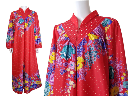 Vintage Colorful Red Mumu, Medium/70S Floral Caftan With Bright Hawaiian Florals Retro Tropical Loungewear Robe