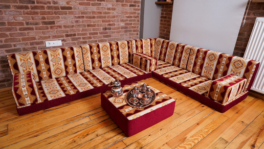 Maroon Corner Arabic Seating Furniture, Handmade Livingroom Sofa, Floor Moroccan Majlis, Ethnic Cushion