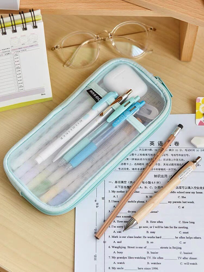 Transparent Mesh Pencil Case | Medium Capacity Pen Case Pouch Zipper Makeup Bag College School Office