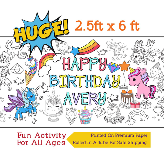 Personalized Unicorn Coloring Poster, Birthday Banner, Paper Tablecloth, Party Activity - 30" X 72" Inches