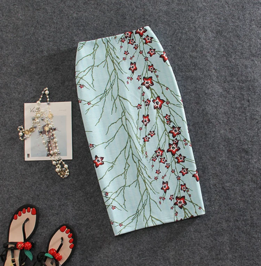 stretch Blue & Oil Print Midi Knee Skirt/ Fashion Pencil Slip Hip Skirts/Gift For Women/ Motherday