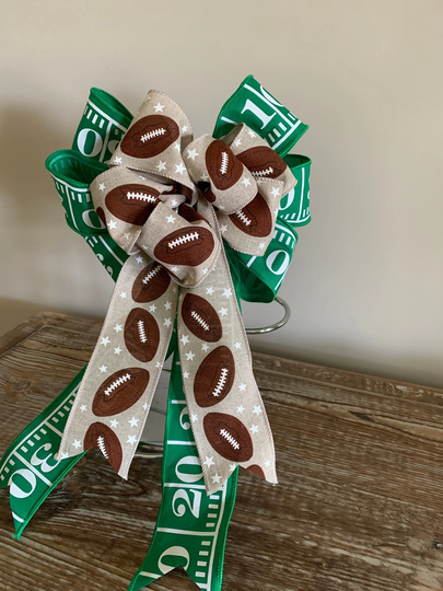 Football Wreath/Lantern Bow Natural Canvas Printed With Footballs & White Stars Coordinating Green Measuring Tape Ribbon
