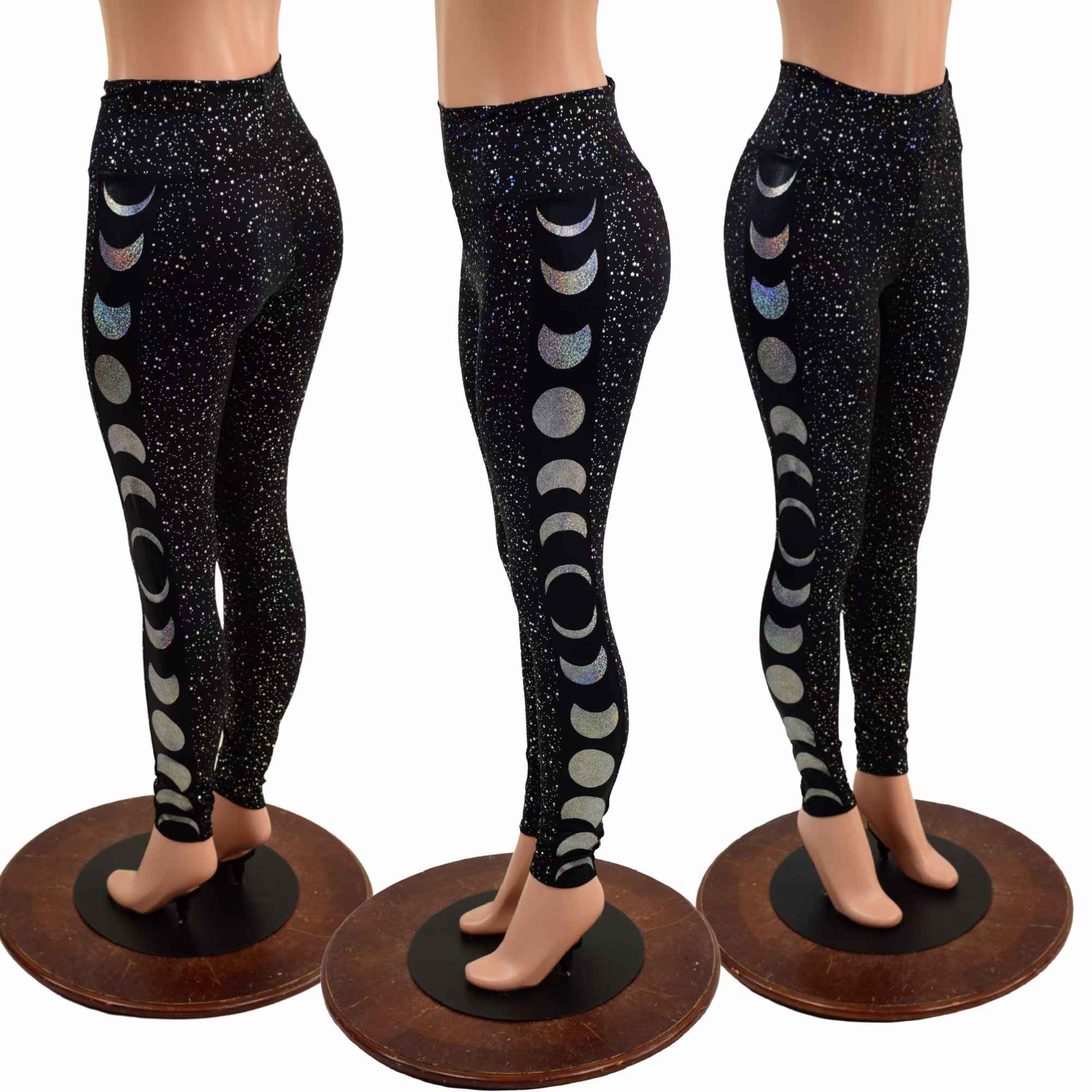 Moon Phases Star Noir Leggings With Black Mystique Side Panels & Silver Holo Moons 157871