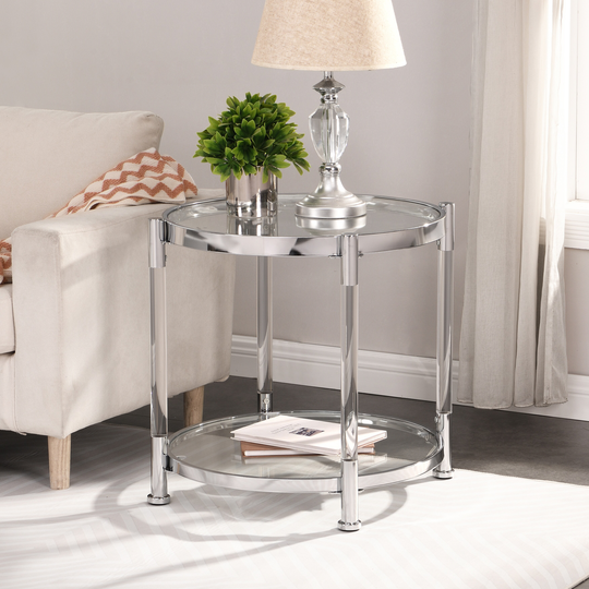 Contemporary Acrylic End Table, Side Table with Tempered Glass Top, Chrome/Silver End Table