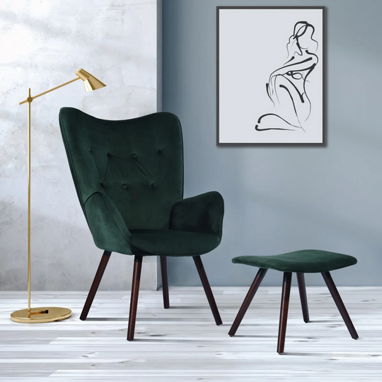 Living Room Modern Leisure Chair with Ottoman Dark Green