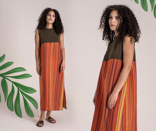 Lightweight Summer Color Block Dress - Green & Colorful Stripes Cotton Dress, Boho Sundress, Long Beach Custom Made Cover Up