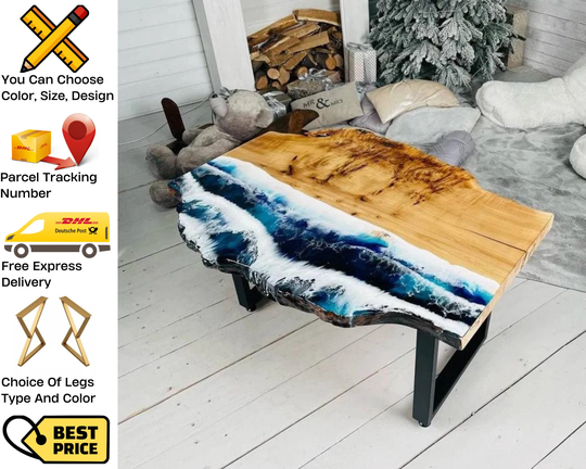 Epoxy Ocean Wave Table, Custom Resin Wooden Handmade Table Epoxy, Home Decor