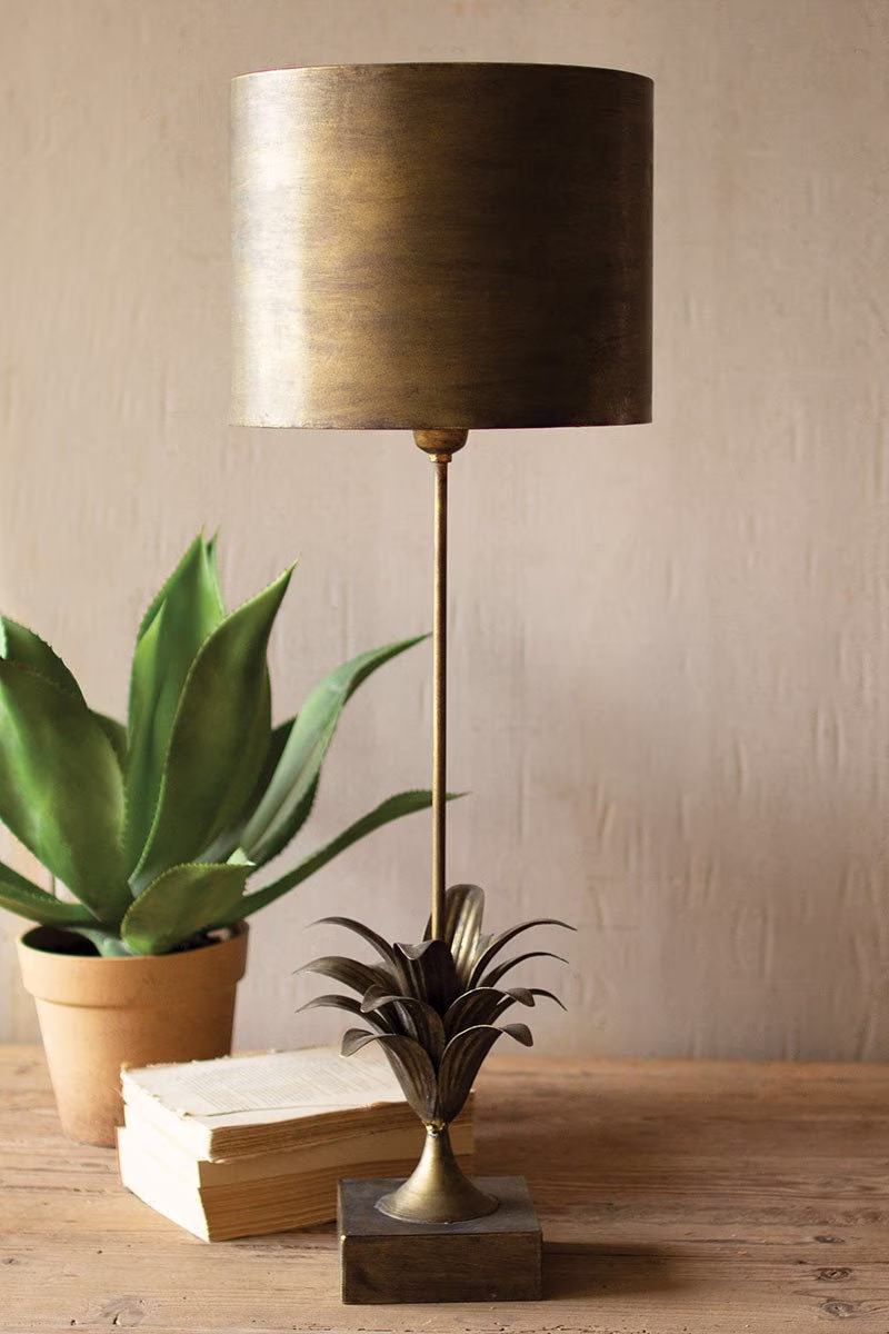 Farmhouse Metal Table Lamp With A Golden Finish & Leaf Accent