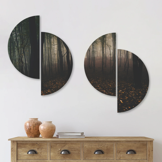 Designart 'Dark Spooky Misty Wild Forest' Forest Wood Wall Art Set of 4 Half Circles - Multi-Color