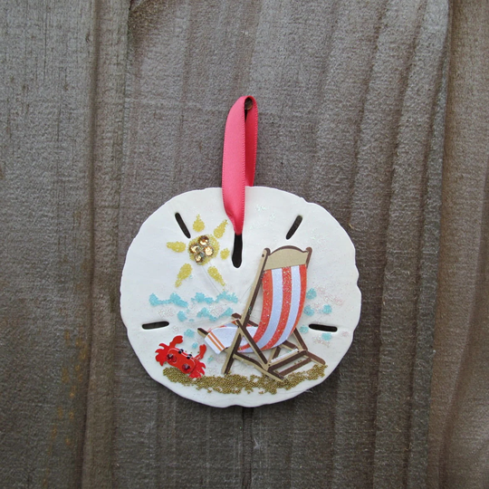 Beach Chair Sand Dollar Ornament, Christmas Coastal Scene Tree Ornament Or Gift Topper