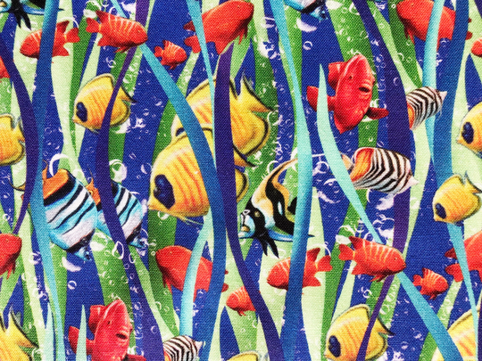 Colorful Tropical Fishes & Seaweed Blue Quilting Cotton Fabric By 1/2 Yard Or Fat Quarter, Coral Reef Starfish Seashells