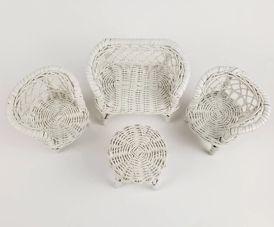 Vintage Wicker Doll Chairs in White 5 Inch Rattan Loveseat Ottoman Easy Chair Miniature Dollhouse Furniture 1960S Barbie