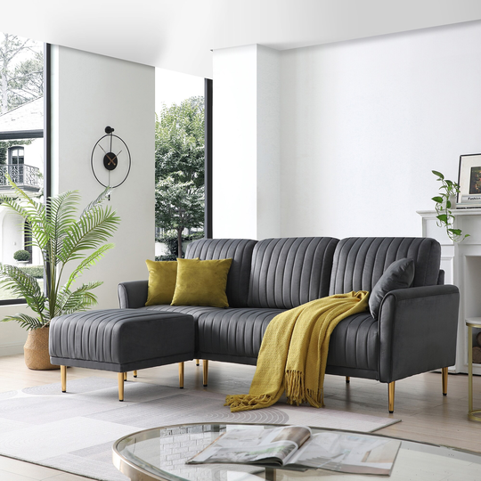 Modern L-shaped Sofas Chaise Lounge with 3-seat Sofa and Ottoman, Velvet Upholstered Fabric Sectional Sofas & Couches