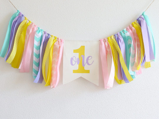 Rainbow Pastel High Chair Banner, Girl 1st Birthday Decor, Cake Smash Photo Prop, Decorarions