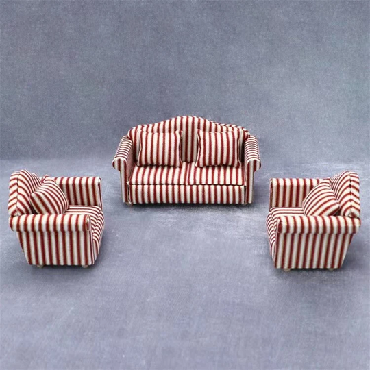 112 Doll House Red Stripe Miniature Sofa Set, Miniature Living Room Furniture Models, Blythe Furniture, Doll Accessories