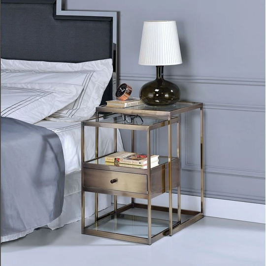 Modern Style Nesting Table Set (2Pc Pk) in Antique Brass & Clear Glass