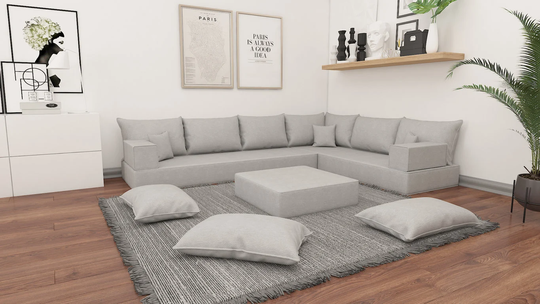 8" Thickness Silver Gray Corner Sofa, Linen Fabric French Cushion, Modern Living Room, Floor Pillow, Minimalist Sofas, Color K-007-1