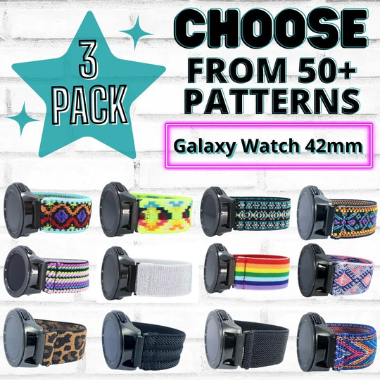 3 Pack - Elastic Watch Bands For Samsung Galaxy 42mm Includes 20mm Adapters Choose Your Patterns 50+ Color Options Bundle Discount