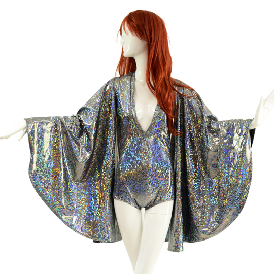 Silver Kaleidoscope Plunging V Neck Romper With Fan Sleeves & Boy Cut Leg - 157909