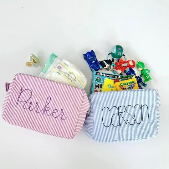 Monogrammed Seersucker Cosmetic Bag, Toiletry Everything Personalized Travel Bag, Bridesmaid Gift, Pencil Bag