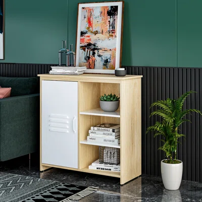 Side Storage Cabinet, Cupboard, Sideboard, Floor Cabinet with Open Shelves and Door, White