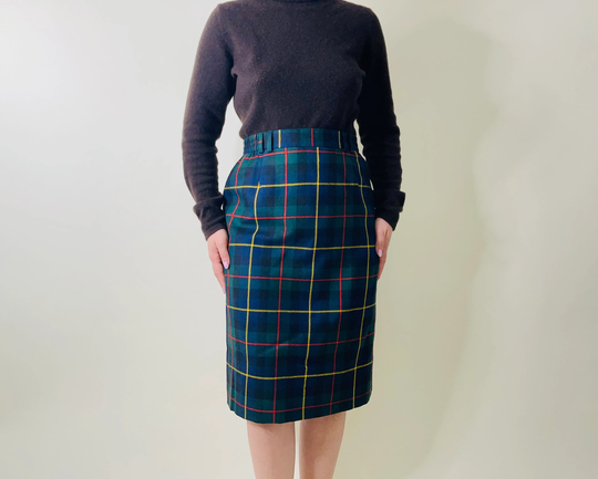 Vintage 100% Wool Green Tartan Pattern Skirt, Midi Pencil Plaid Skirt
