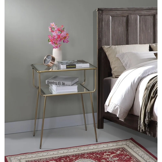 Aoolive End Table Nightstand in Antique Gold, Mirror & Clear Glass