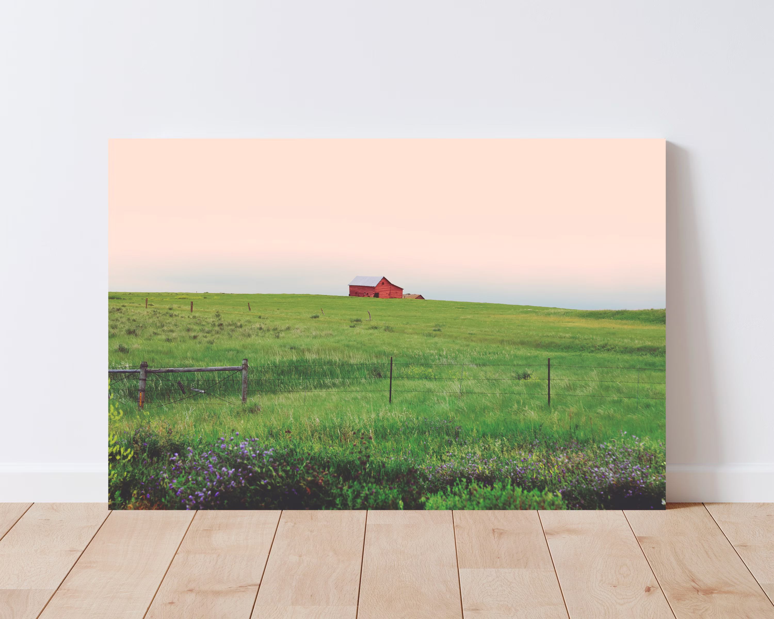 Colorful Meadow Landscape & Red Barn Photography - Wall Art Photography Farmhouse Decor Rustic Panoramic