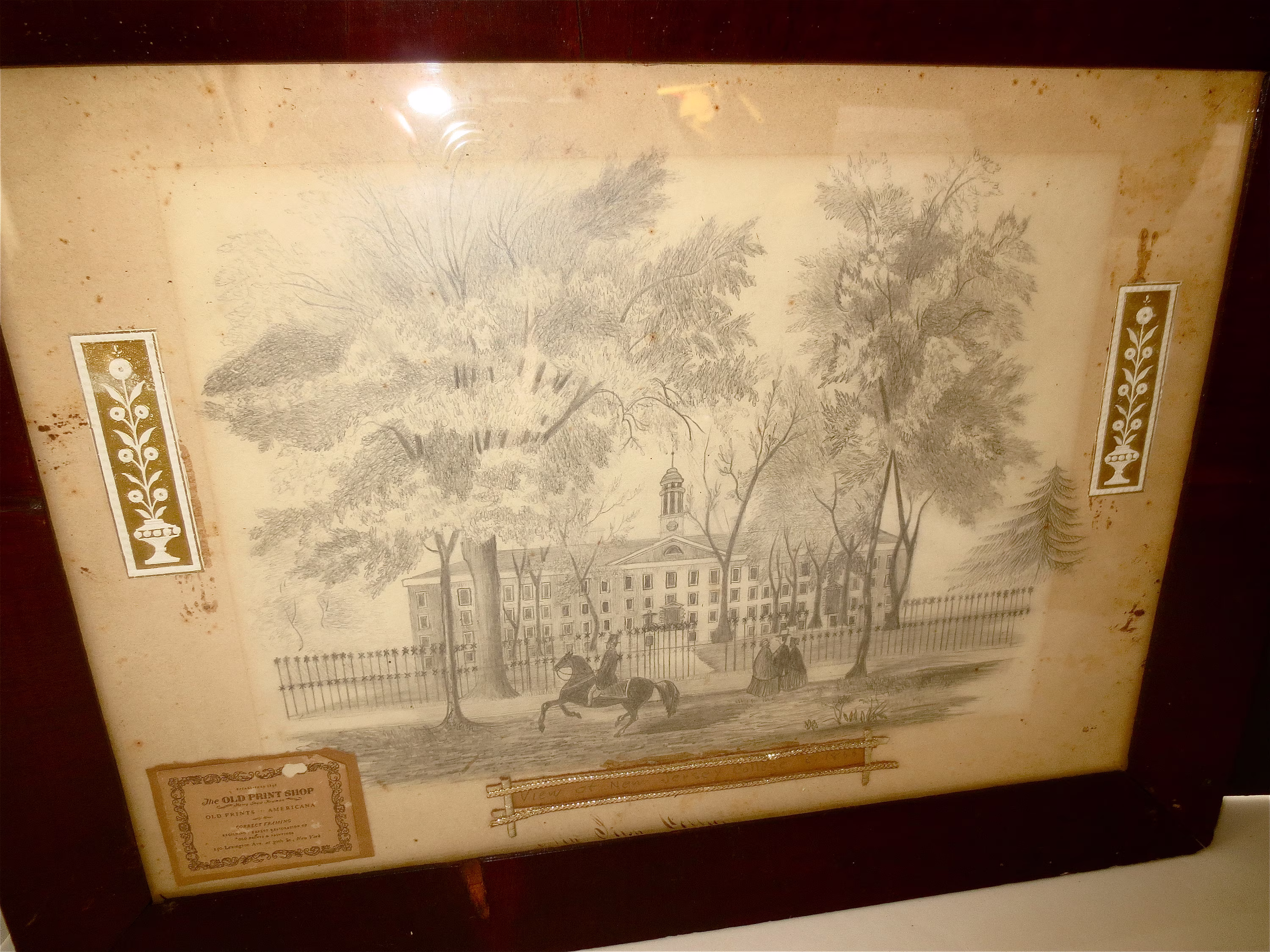 Antique Pencil Drawing With Pertinent Applied Collage - View Of New Jersey College C. 1855 Original Frame