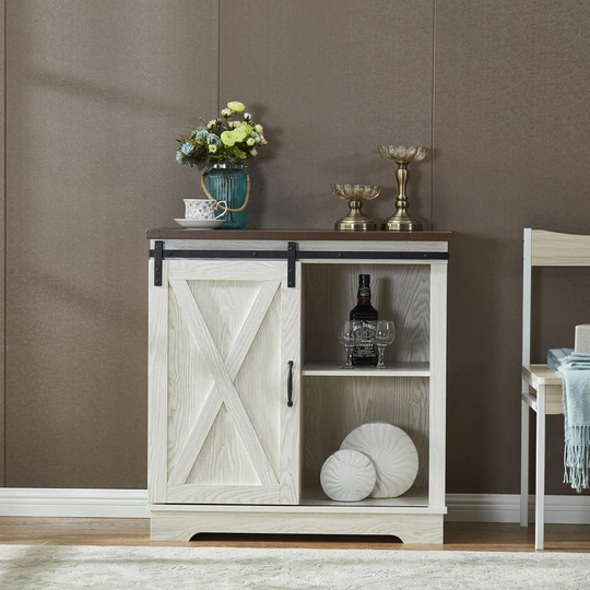 Dining Kitchen Buffet Sideboard with Sliding Barn Door,Shelves,White