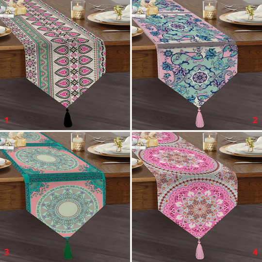 Mandala Tasseled Table Runner, Tile Style Triangle Top, Ethnic Tablecloth, Authentic Kitchen Oriental Deco, Gift For Mom