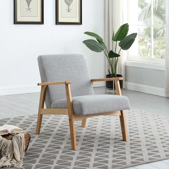 Wide Linen Arm Chair Accent Chair With Rubber Wood Frame