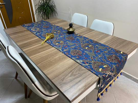 Dark Blue Tulip Pattern Turkish Table Runner, Long Boho Wedding Decor, Gray Farmhouse Rustic Rnr397