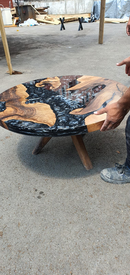 Handmade Coffee Table, Epoxy Custom 36" Diameter Round Walnut Wood Metallic Gray Order For Laurie V