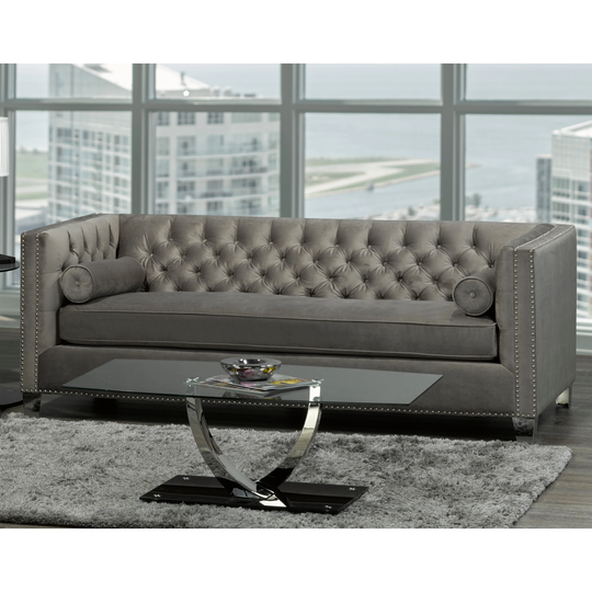 Hank Modern Grey Velvet Tufted Nailhead Sofa - Natural