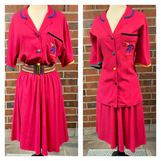 Vintage 1980S Colorful Skirt Set, Size 12 Heart Button Top & Matching Circle Skirt, 80S Bright Color Skirt Set, Shoulder Pads