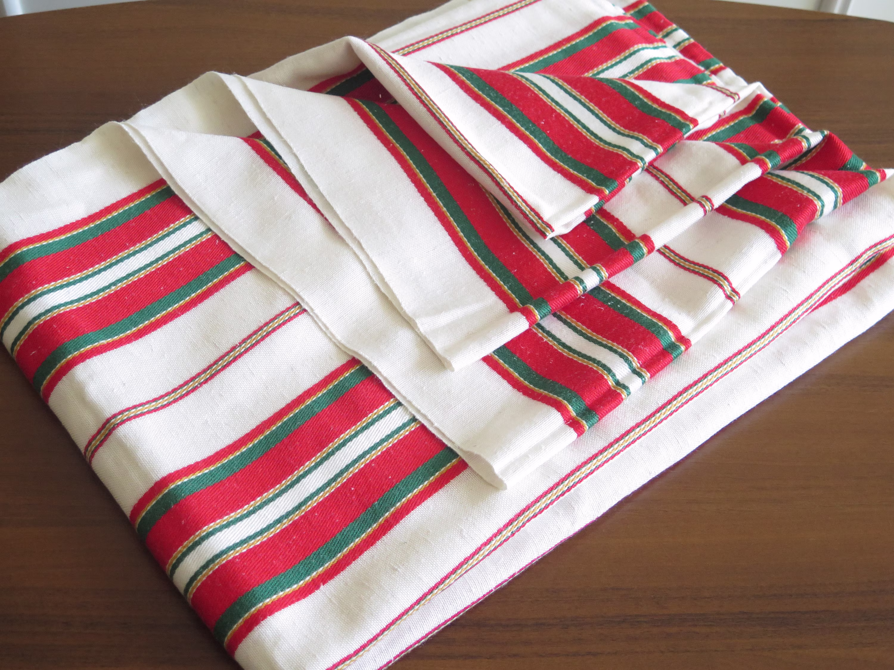 Vintage Table Cloth Striped Woven White Red Green Cloth, 153 X 203 cm/60.2 79.9 In, Swedish Scandinavian Home Textiles #4-65-12