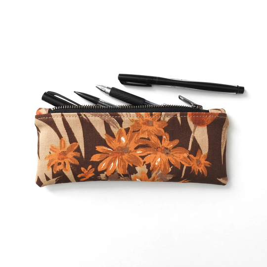 Orange Floral Pencil Case, Zipper Pouch, Vintage Fabric